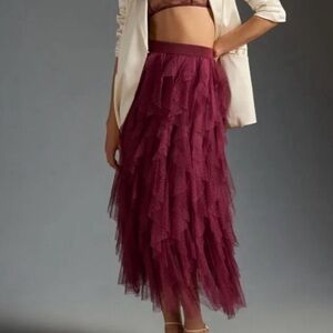 The Chéri Ruffled Tulle Midi Skirt by Anthropologie (XS, color Wine, NWT)